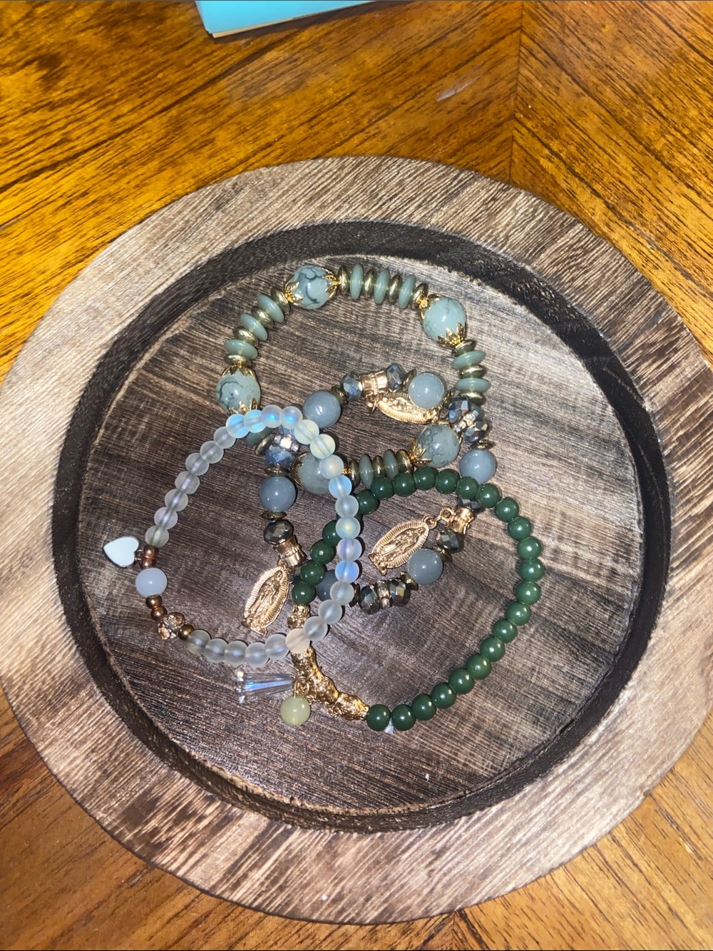 Beaded Stretch Bracelet Set in Green and  Gold Accents
